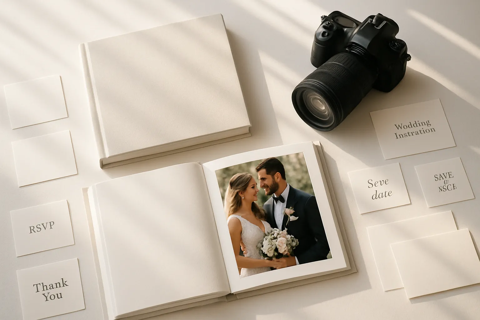 Ausstellungsansicht mit Hochzeitsfotos, Einladungskarten, einem Kamera, und weißen Notizzetteln mit Texten für eine Hochzeit.