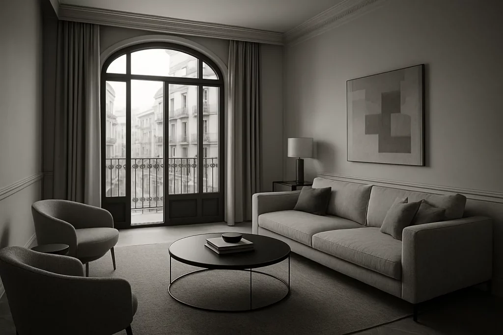 Gemütliches Wohnzimmer mit grauem Sofa, zwei Sesseln, großem Fenster, Kamin und moderner Wanddekoration. Helles, ruhiges Interieur.