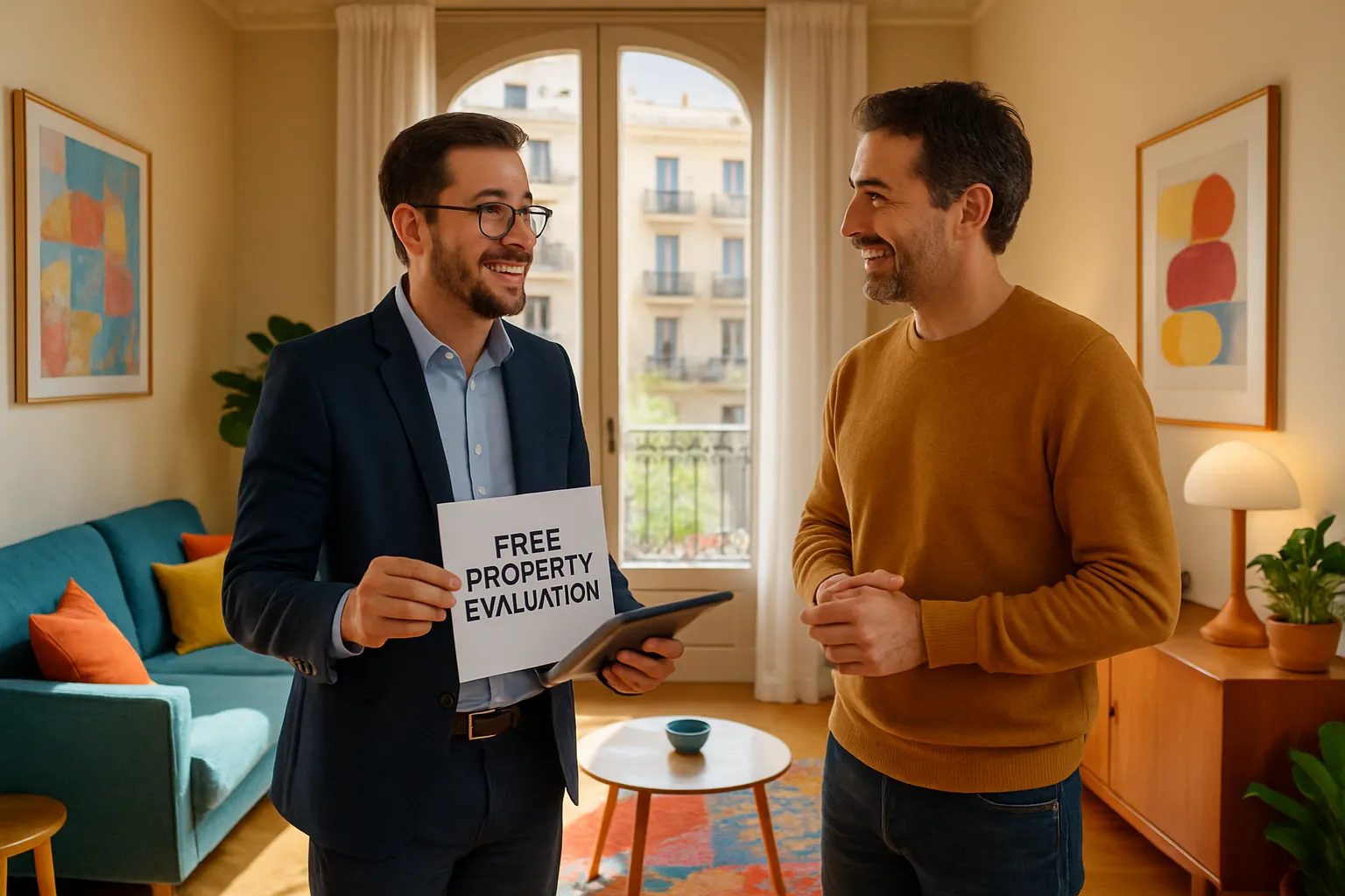 Zwei Männer sprechen im Wohnzimmer. Der eine hält ein Schild „Free Property Evaluation“, sie lachen und haben einen freundlichen Austausch.