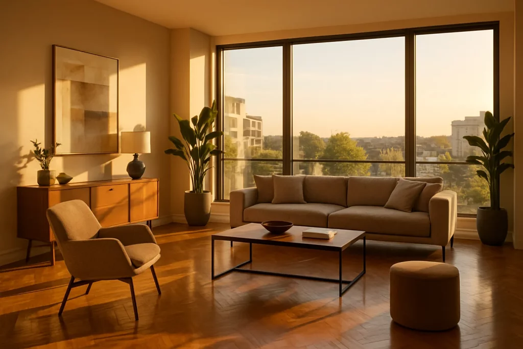 Gemütliches Wohnzimmer mit Sofa, Sessel, Couchtisch, Pflanzen und Sideboard bei Sonnenuntergang. Ruhe und warmes Licht.