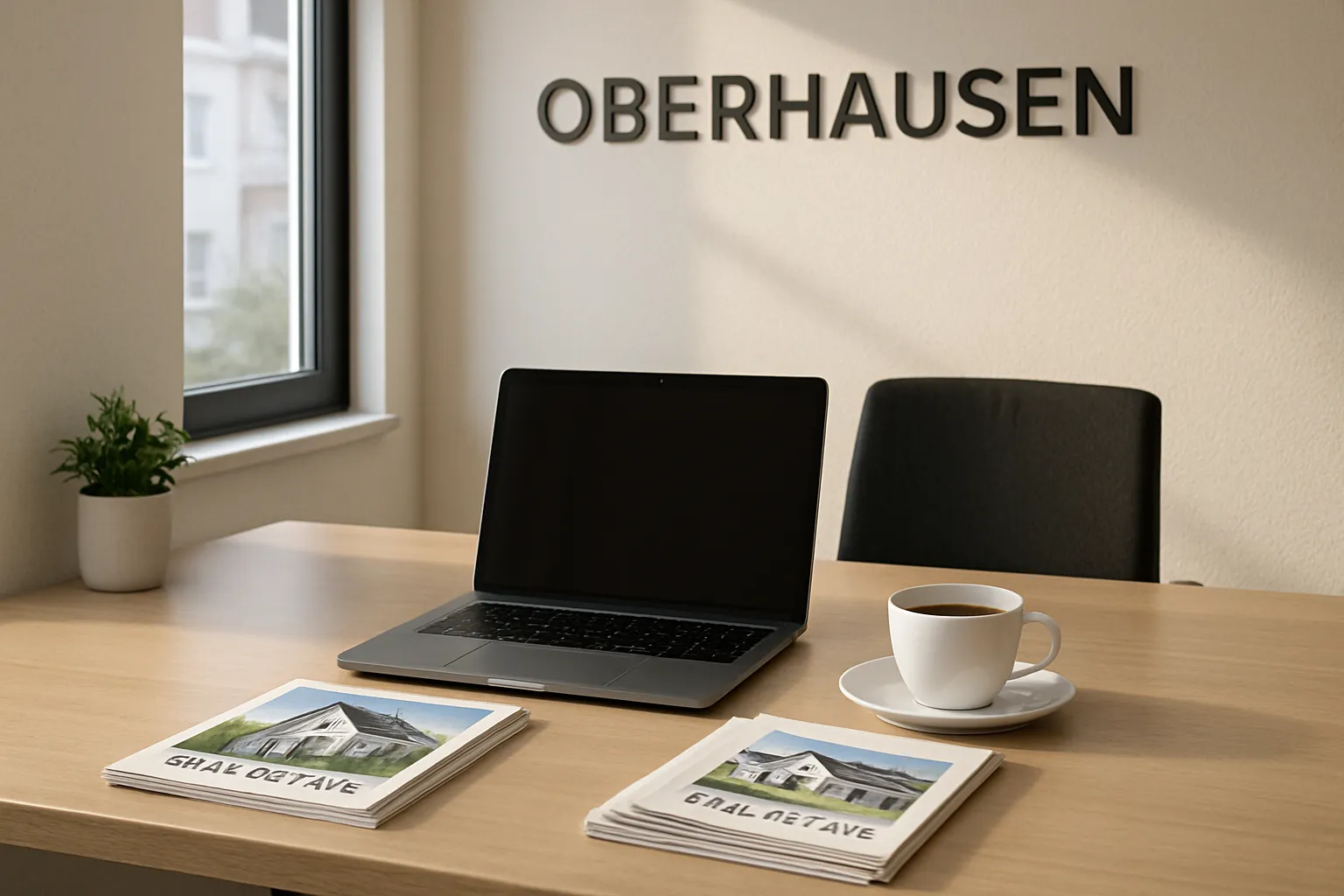 Ein Büro in Oberhausen mit Laptop, Kaffee, Broschüren, Fenster und Pflanze. Der Raum ist hell und ordentlich.