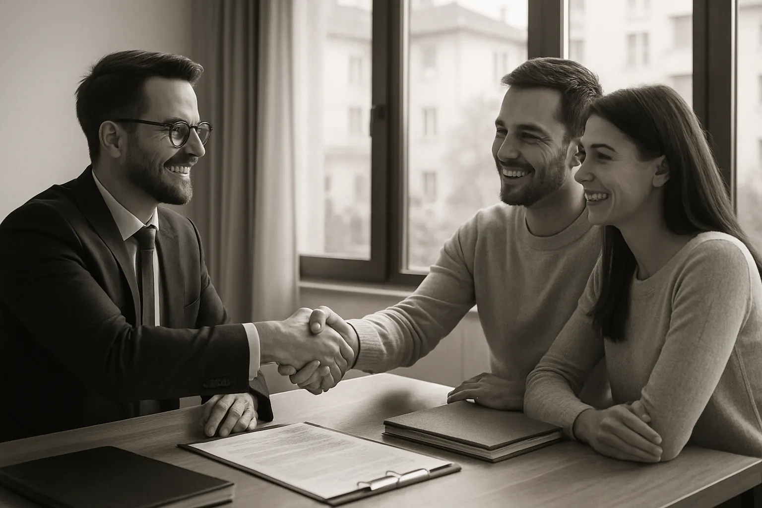 Drei Menschen bei einem Treffen: Zwei Männer, eine Frau, die sich die Hand geben und lachen, im Büro neben großen Fenstern.