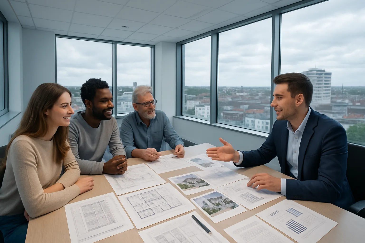 Vier Personen sitzen an einem Tisch in einem Büro und unterhalten sich. Auf dem Tisch liegen Papiere, Pläne und Fotos. außen ist eine Stadt sichtbar.