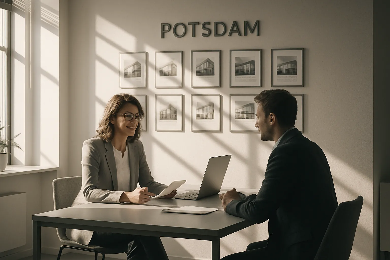 Zwei Personen sitzen im Büro bei einem Gespräch. Auf der Wand steht "POTSDAM" und sind Bilder von Gebäuden zu sehen.