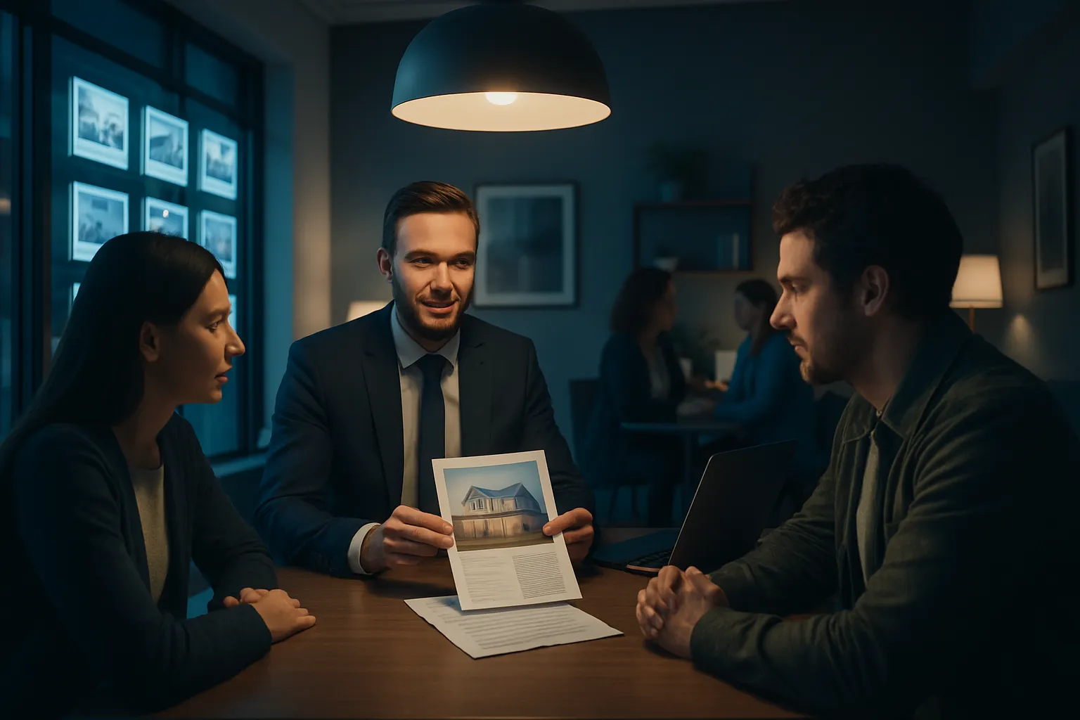 Drei Personen sprechen bei einem Immobiliengespräch. Der Mann in Anzug zeigt ein Hausmodell auf Papier, die anderen beiden hören zu.