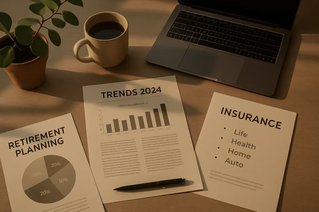 Ein Schreibtisch mit Unterlagen zu Trends 2024, Renten, Versicherung, ein Laptop, eine Kaffeetasse, eine Pflanze und ein Kugelschreiber.