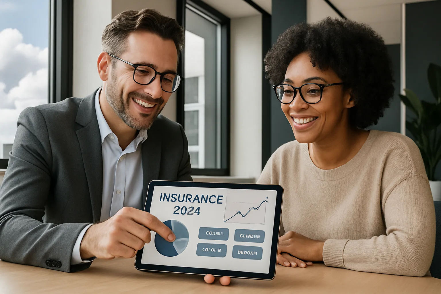 Zwei lächelnde Kollegen präsentieren auf einem Tablet eine Finanzübersicht zu Versicherungen. Sie sitzen in einem modernen Büro.