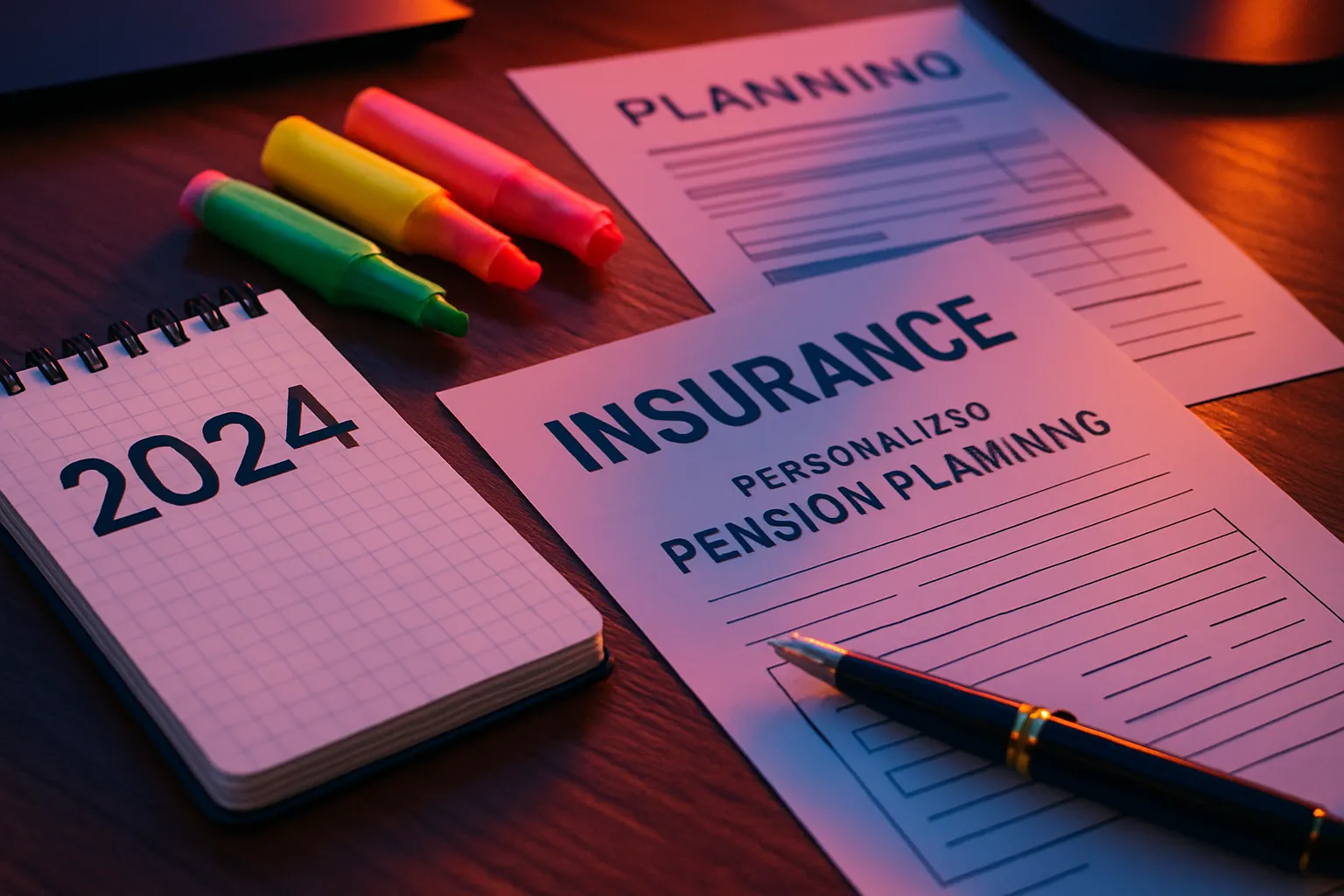 Verschiedene Dokumente, Stifte und Notizbuch auf einem Tisch, alles für die Planung von Versicherung und Altersvorsorge im Jahr 2024.