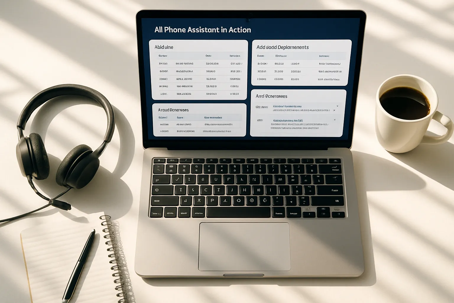 Laptop auf weißem Tisch, schwarze Kopfhörer, Notizbuch mit Stift, Kaffeetasse, Sonnenlicht und Schatten. Keine Menschen sichtbar.