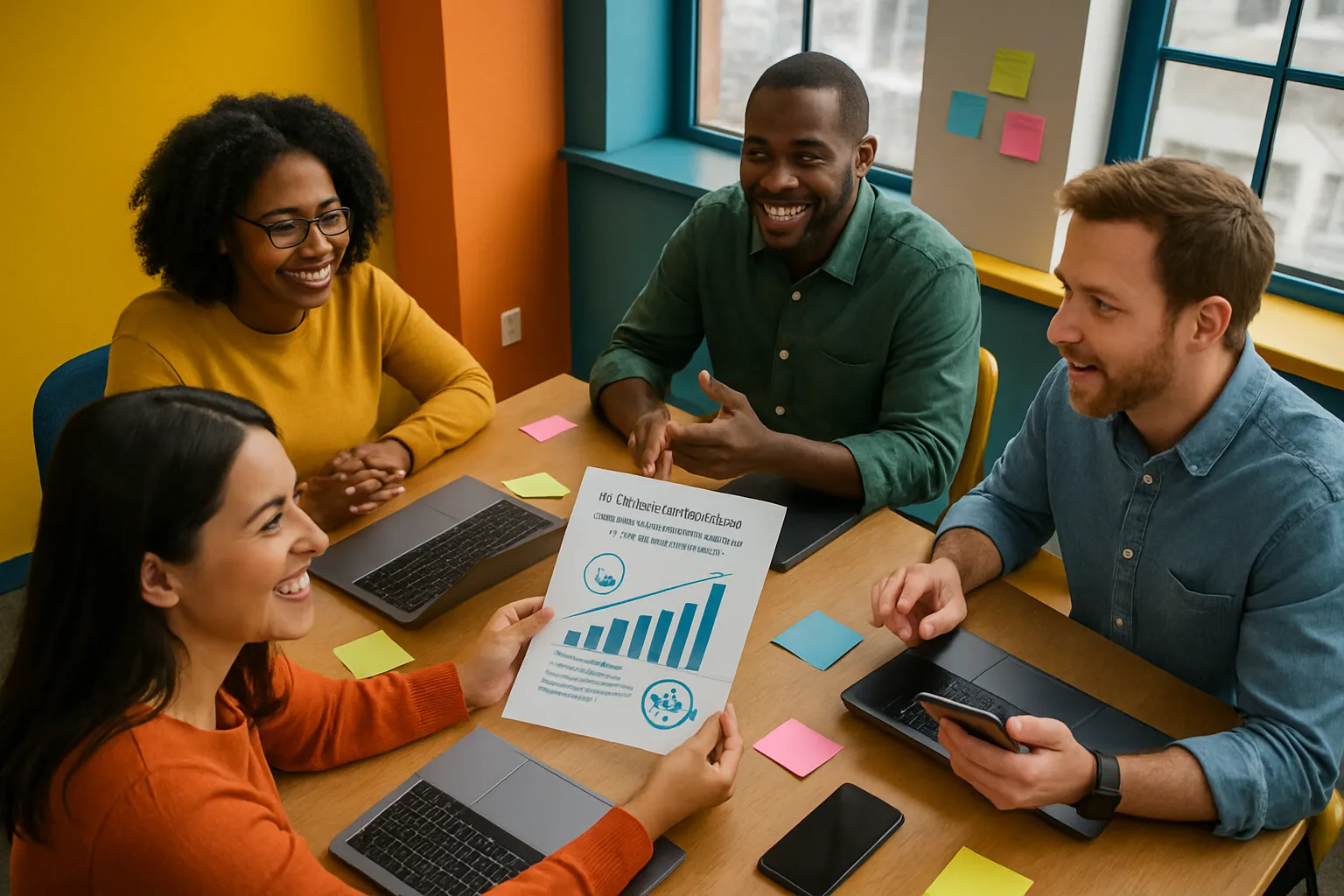 Fünf Menschen in einem Büro lachen, eine hält ein Diagramm mit steigenden Balken, umgeben von Laptops und bunten Klebezetteln.