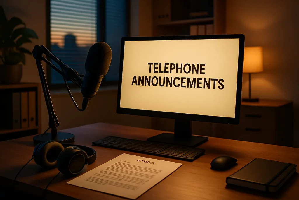Ein Arbeitsplatz mit Computerbildschirm, Mikrofon, Kopfhörer und Skript. Auf dem Bildschirm steht „Telephone Announcements“. Es ist abends, das Licht ist warm.