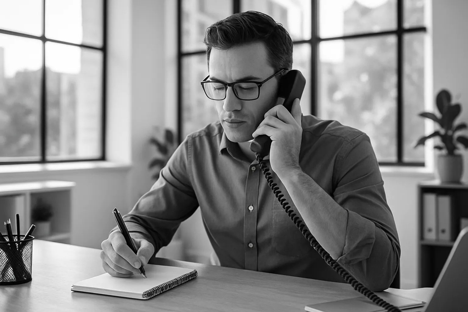 Ein Mann mit Brille sitzt in einem Büro, spricht am Telefon und schreibt in ein Notizbuch. Im Hintergrund große Fenster und Pflanzen.