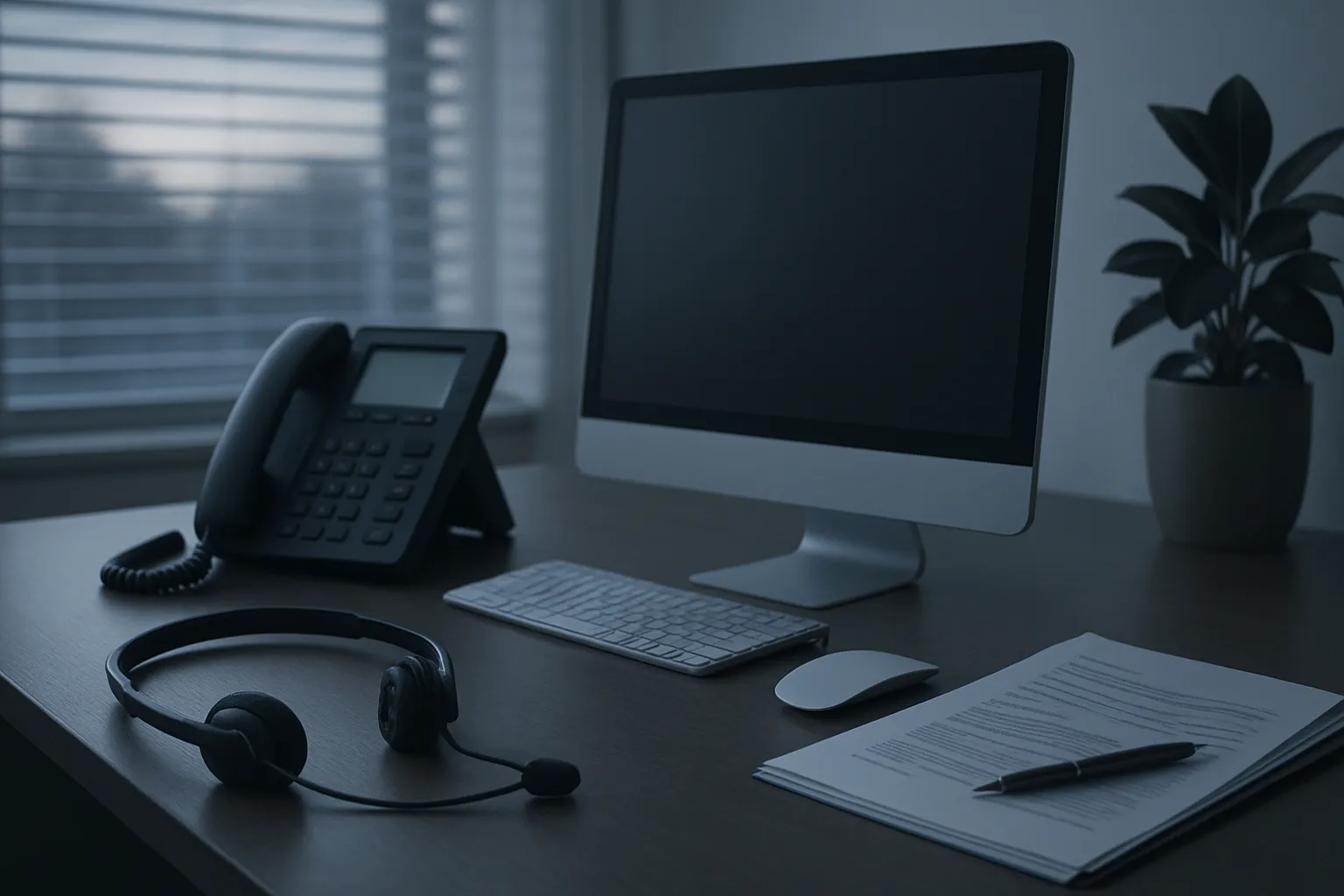 Ein Bürotisch mit Computer, Telefon, Kopfhörern, Unterlagen und Stift. Im Hintergrund sind Fenster mit geschlossenen Jalousien.