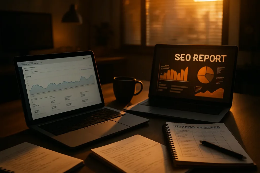 Zwei Laptops zeigen Diagramme, im Hintergrund ein Fenster. Auf dem Tisch liegen Notizbücher, Stift und eine Tasse. Atmosphäre ist warm.