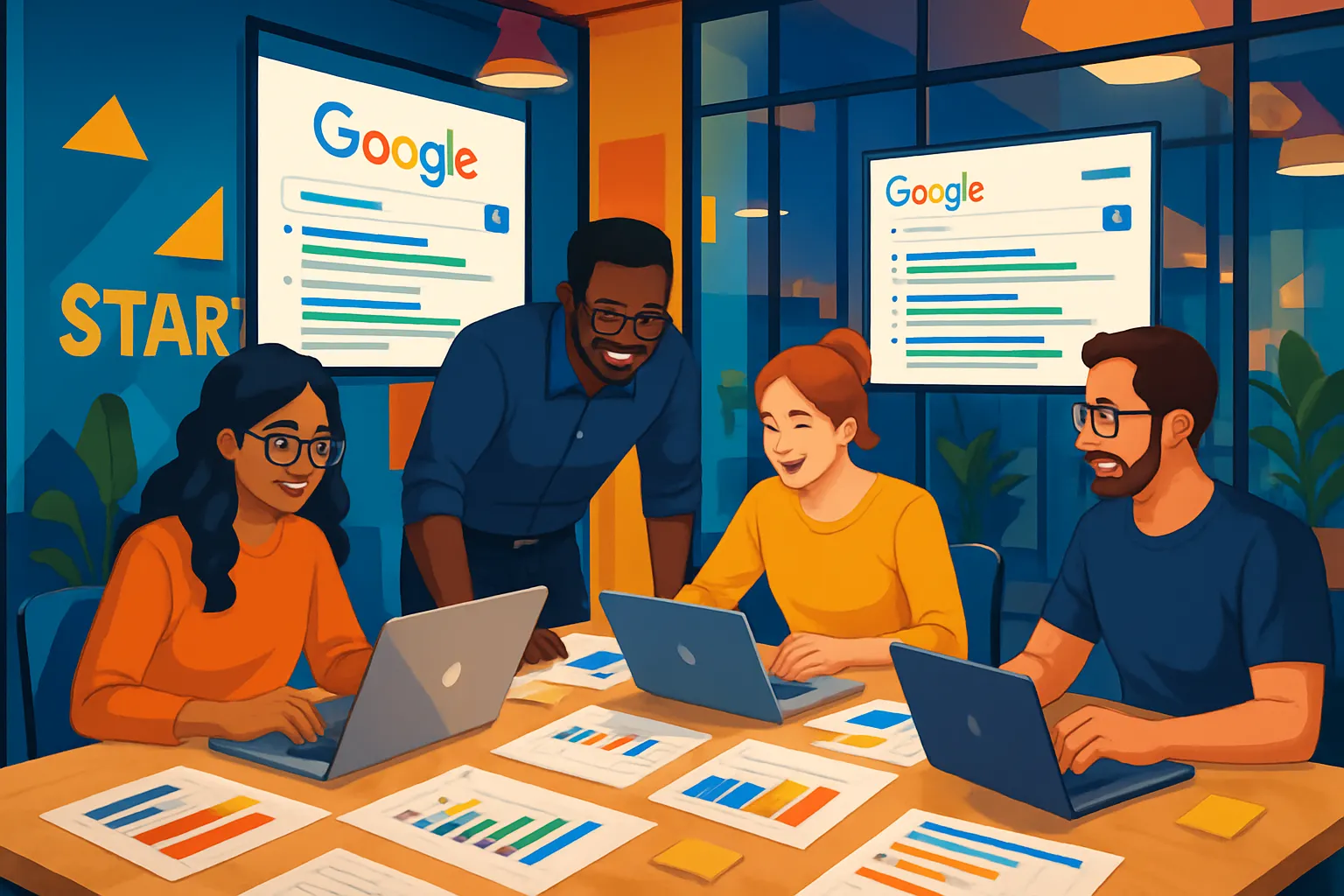 Vier Menschen in einem Büro sitzen an einem Tisch, arbeiten mit Laptops, sprechen, lachen und haben Dokumente und Diagramme vor sich.