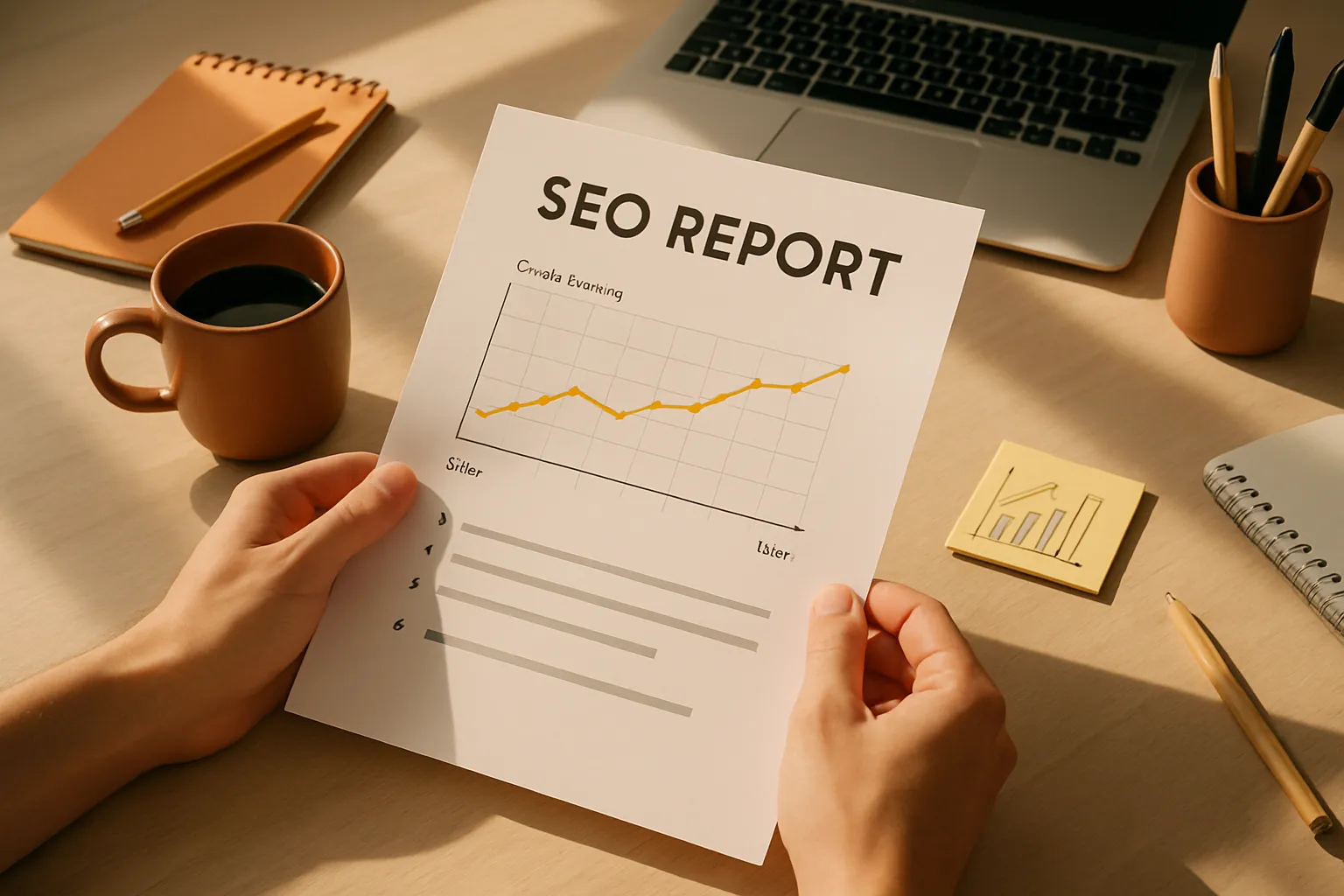 Person hält SEO-Report mit Liniendiagramm, auf Schreibtisch mit Laptop, Notizbuch, Stiften, Tasse Kaffee und Notizzettel.