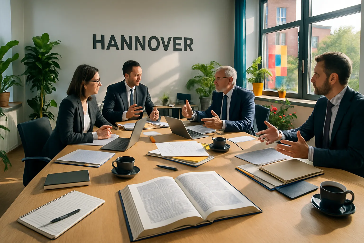 Fünf Erwachsene talking in einem Besprechungsraum mit "HANNOVER" an der Wand, viel Papier, Computer, Kaffee und Pflanzen am Fenster.