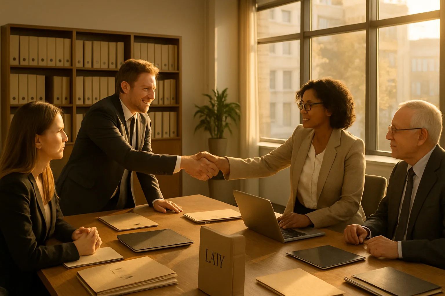 Vier Menschen in Anzügen sitzen an einem Tisch in einem Büro. Ein Mann schüttelt einer Frau die Hand, alle lächeln. Es scheint ein Geschäftstreffen zu sein.