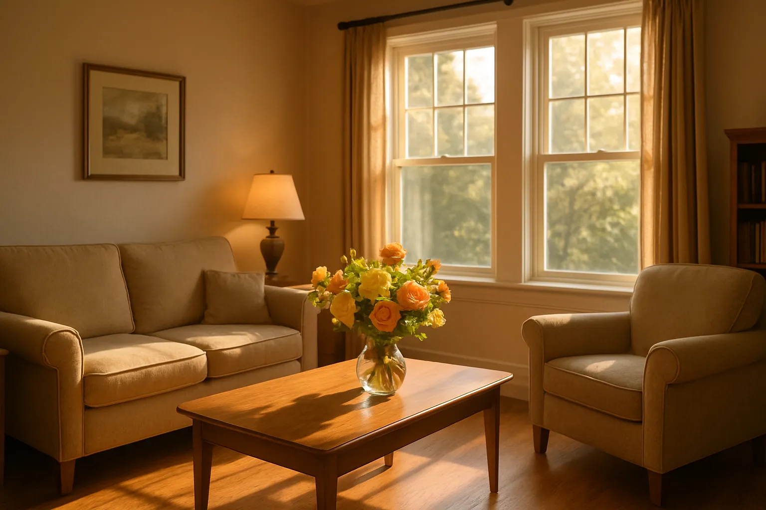 Ein Wohnzimmer mit einem Sofa, einem Sessel, einem Holztablett mit Blumen, einem Fenster, einem Lampenständer und einem Bücherregal.