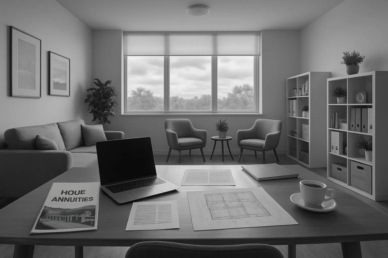 Ein Büro mit Schreibtisch, Sofas, Bücherschränken, Aufsätzen und einem großen Fenster mit Blick auf Bäume. Kein Mensch im Raum.