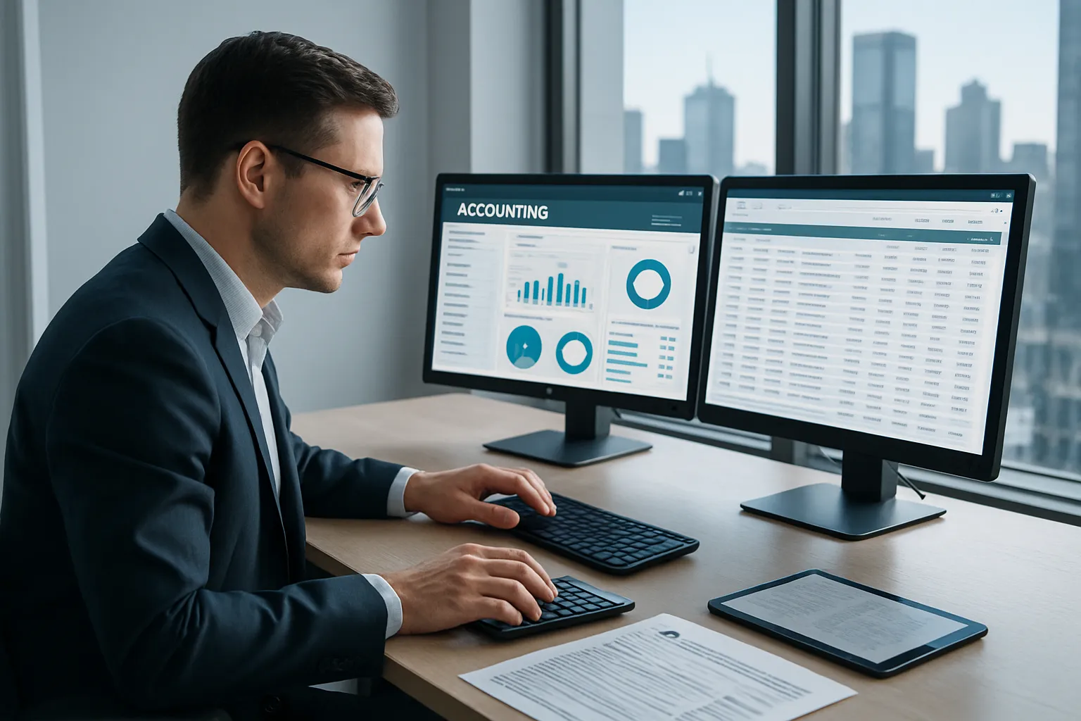 Ein Mann arbeitet mit zwei Computern im Büro, analysiert Finanzdaten und hat Papiere und ein Tablet vor sich. Im Hintergrund hohe Gebäude.