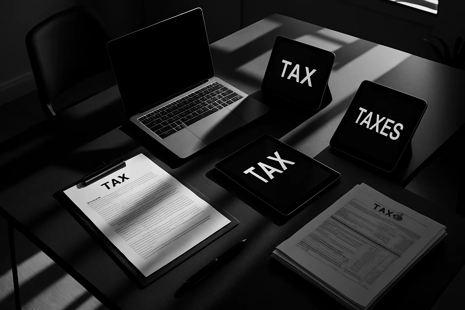 Schwarzer Schreibtisch mit Laptop, mehreren Dokumenten, Tablets und Schildern mit der Aufschrift "TAX" in Schwarz-Weiß.