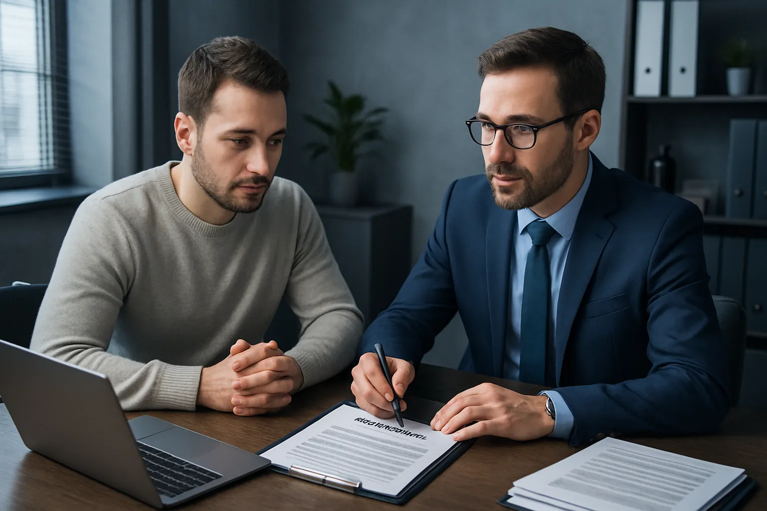 Zwei Männer sitzen in einem Büro. Der eine trägt eine Brille und einen Anzug, der andere trägt ein graues Sweatshirt. Sie besprechen einen Arbeitsvertrag.