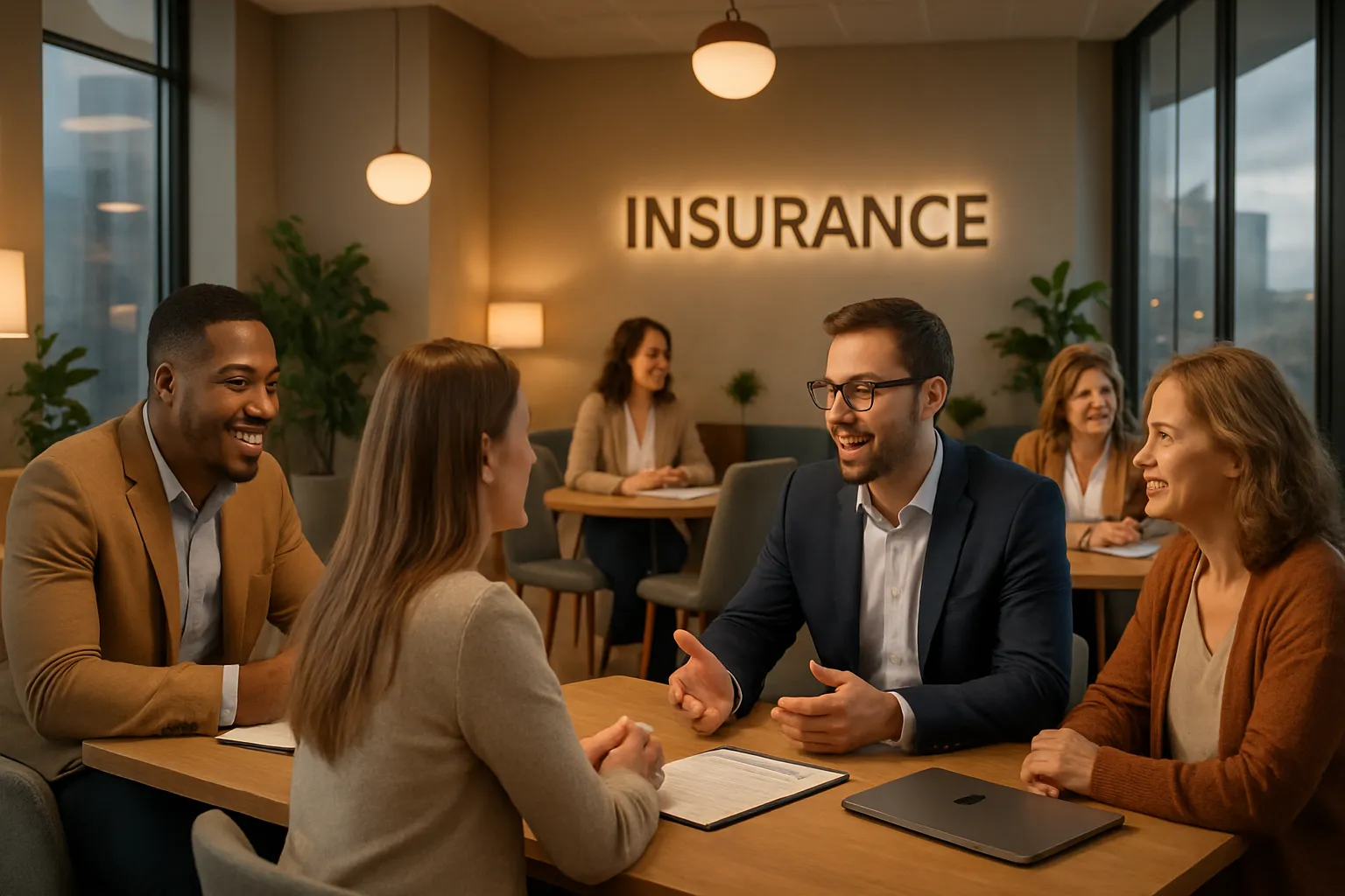 Menschen sprechen im Büro über Versicherung, sitzen an einem Tisch, lachen und freuen sich. Im Hintergrund sieht man das Wort "INSURANCE".