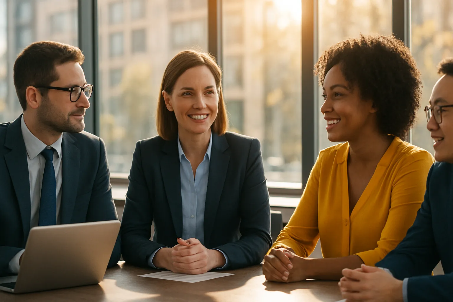 Vier Menschen sitzen im Büro an einem Tisch. Sie sprechen freundlich miteinander, eine Frau lächelt. Hintergrund sind große Fenster mit Blick nach draußen.