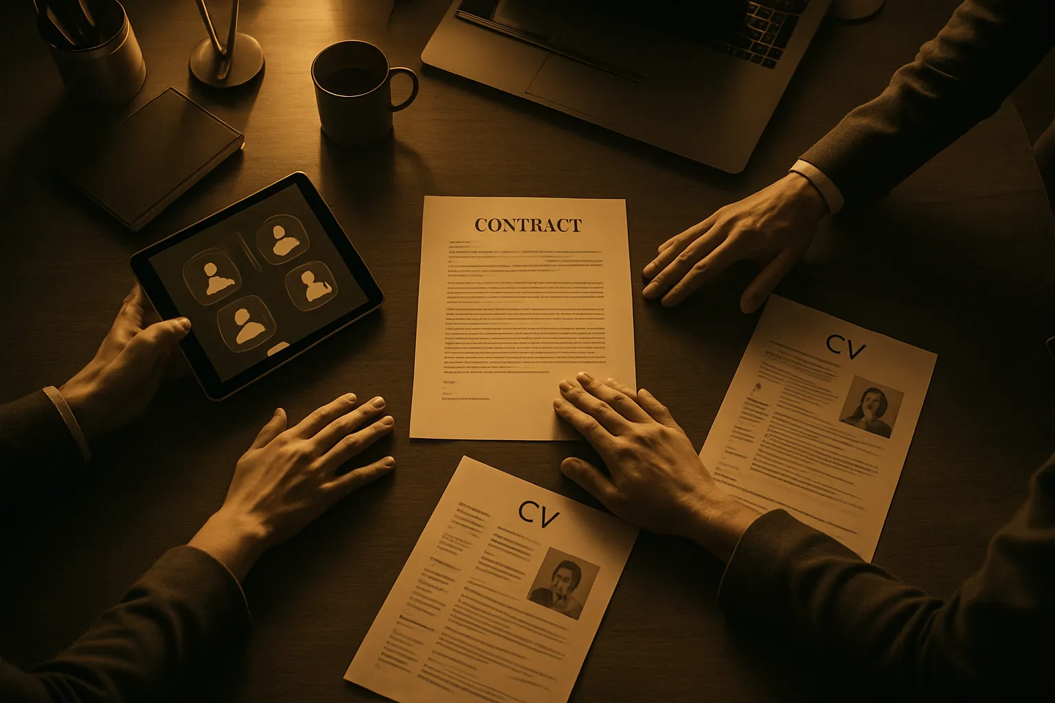 Mehrere Hände, ein Vertrag, zwei Lebensläufe, ein Tablet mit Kontaktbildern, ein Laptop, eine Tasse und Unterlagen auf einem Schreibtisch.