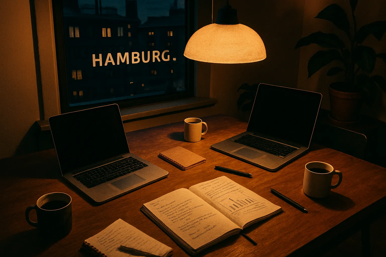 Zwei Laptops auf einem Tisch mit Notizblöcken, Stiften, Kaffeetassen und einem Buch, bei warmem Licht in einem Raum mit Fenster und Topfpflanze.
