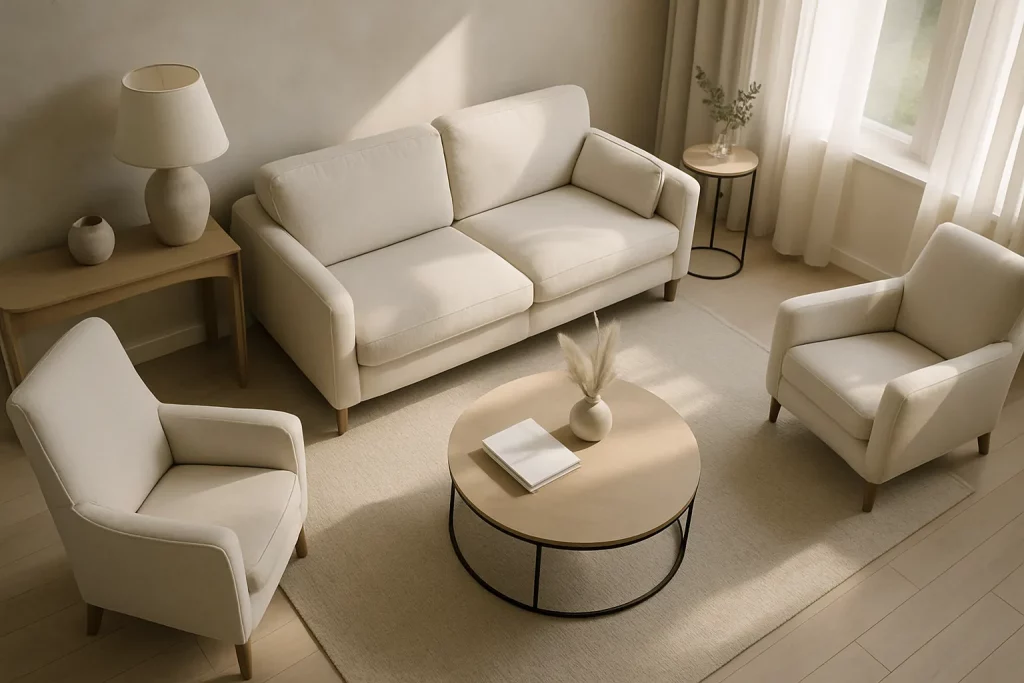 Ein heller Wohnraum mit weißem Sofa, zwei Sessel, einem runden Couchtisch, Lampen, Pflanzen und weiße Vorhänge, alles in neutralen Tönen.