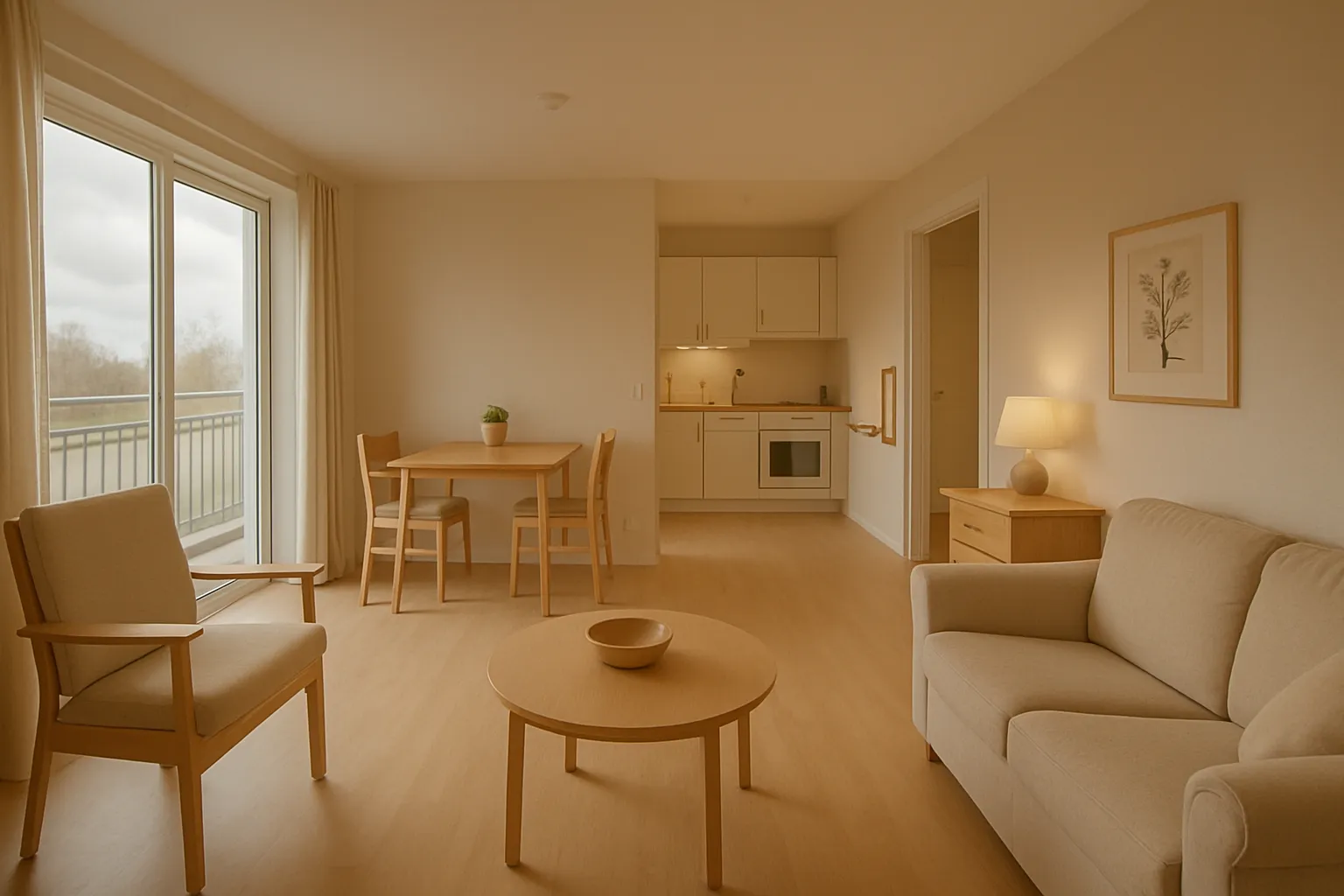 Ein helles Wohnzimmer mit Sofa, Sessel, Couchtisch, kleiner Nachttisch, Lampe, Essbereich, Küche und Balkon mit Blick nach draußen.