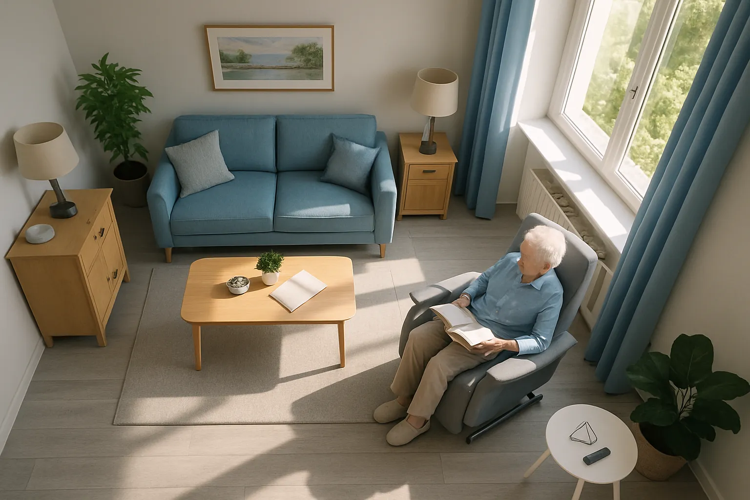 Ein älterer Mann sitzt entspannt im Sessel, liest ein Buch in einem hellen, gemütlichen Wohnzimmer mit grauem Boden, blauen Vorhängen und grünen Pflanzen.