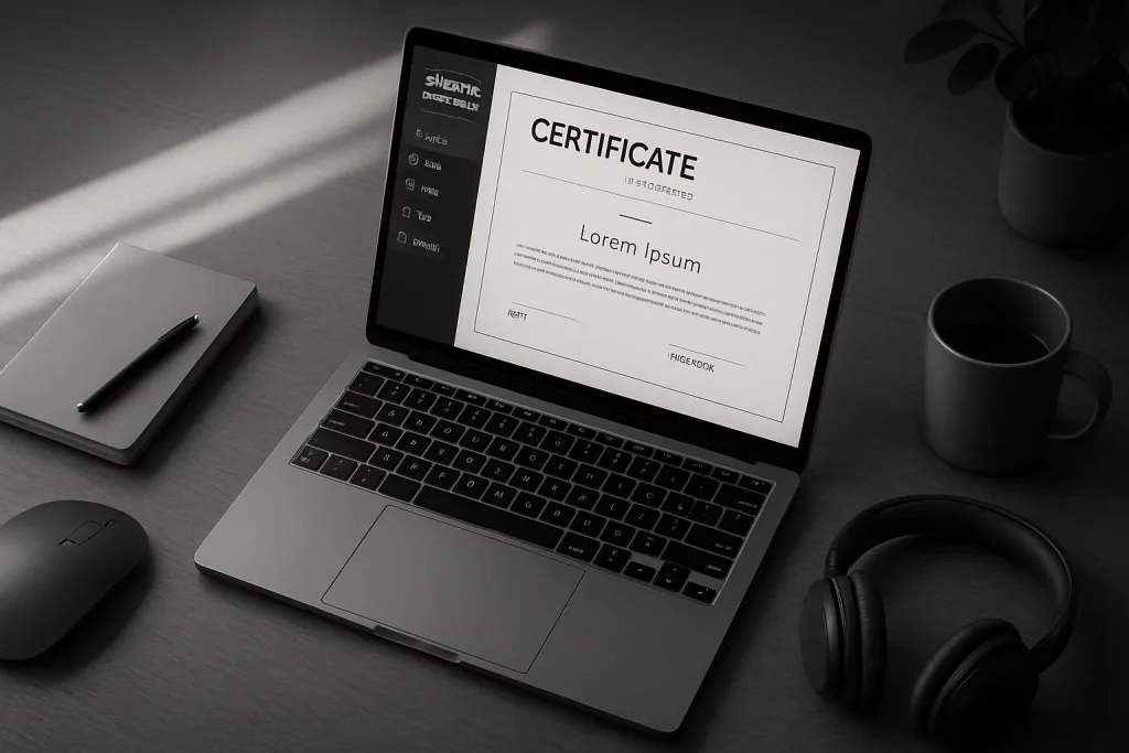 Auf einem Schreibtisch liegt ein Laptop mit offener Zertifikatsseite, daneben eine Tasse, Kopfhörer, Notizbuch und Maus.