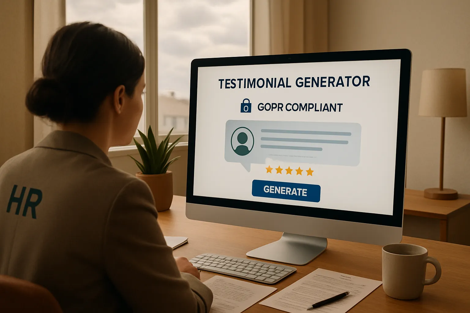 Frau mit "HR" auf Jacke sitzt an Schreibtisch, vor PC mit Text 'Testimonial Generator', mäeht einen Kaffee. Fenster und Lampe im Hintergrund.