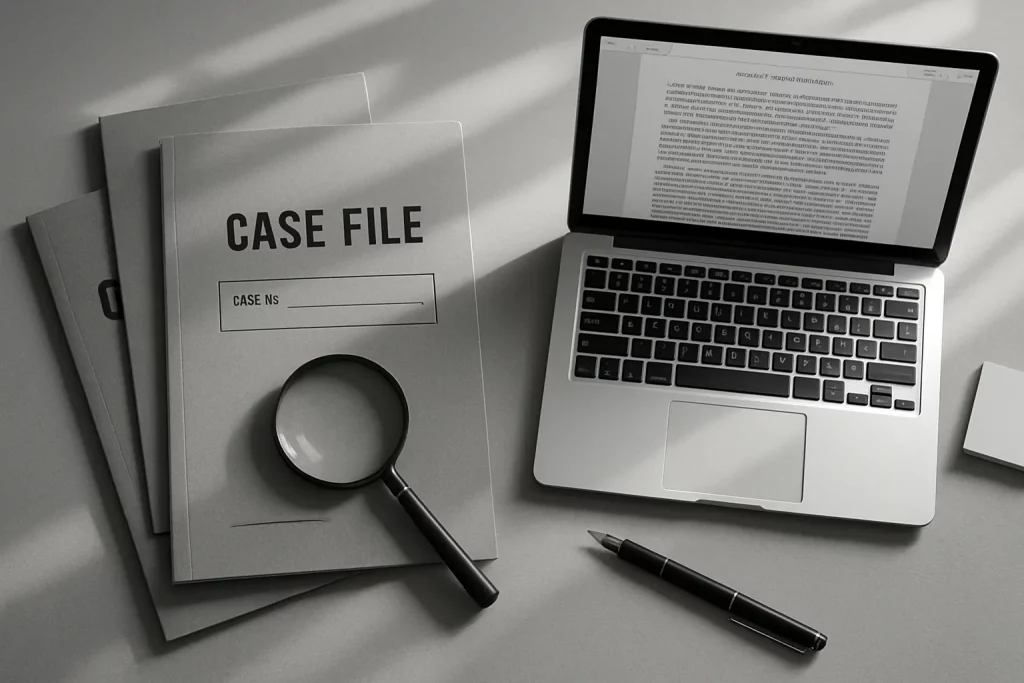 Mehrere Akten, ein Laptop, eine Lupe und ein Kugelschreiber auf einem Schreibtisch. Fokus auf Akten mit der Aufschrift "CASE FILE".