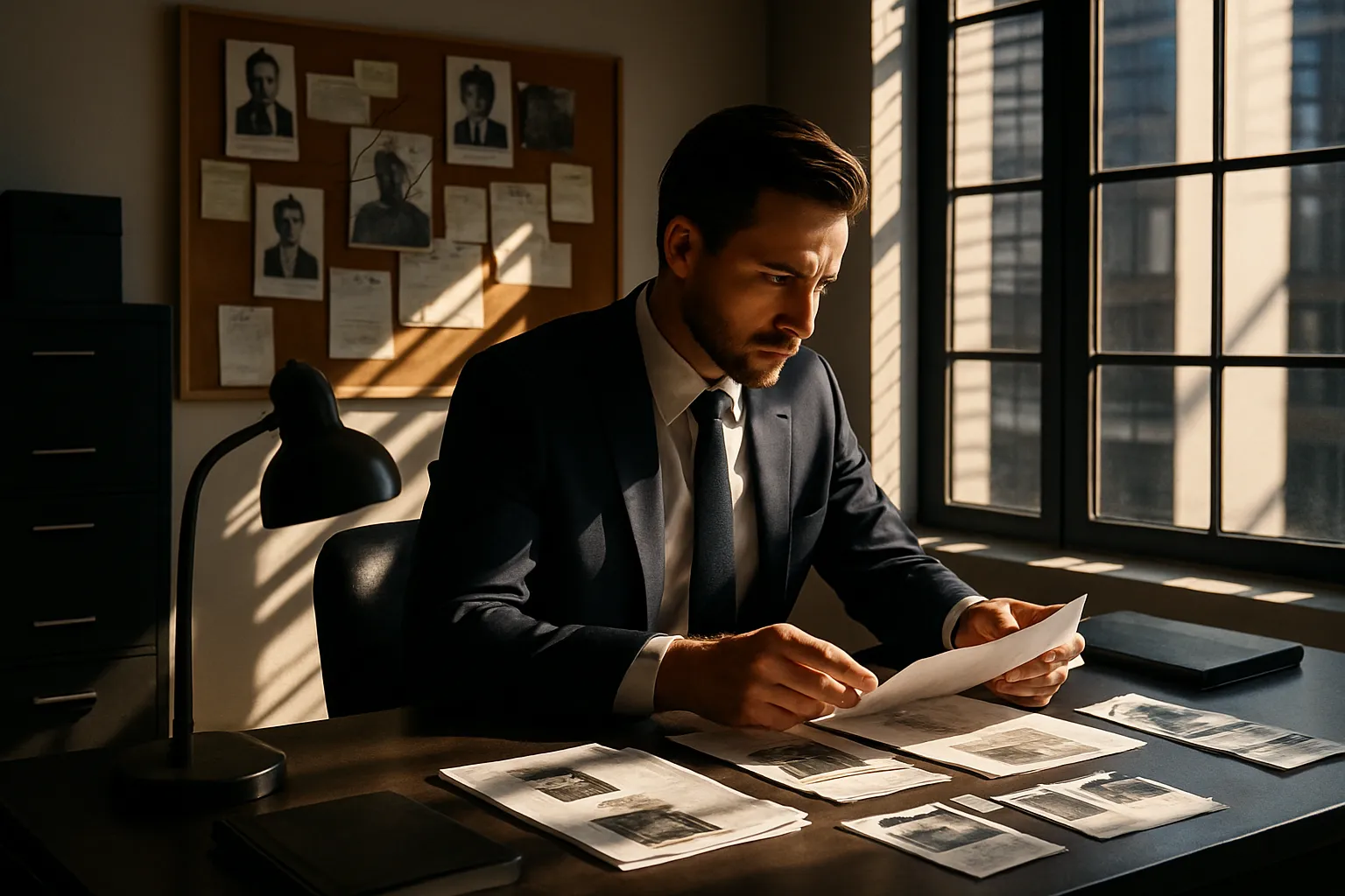 Ein Mann in Anzug sitzt an einem Schreibtisch im Büro, liest Papiere bei Sonnenlicht, mit Bildern und Akten an der Wand hinter ihm.