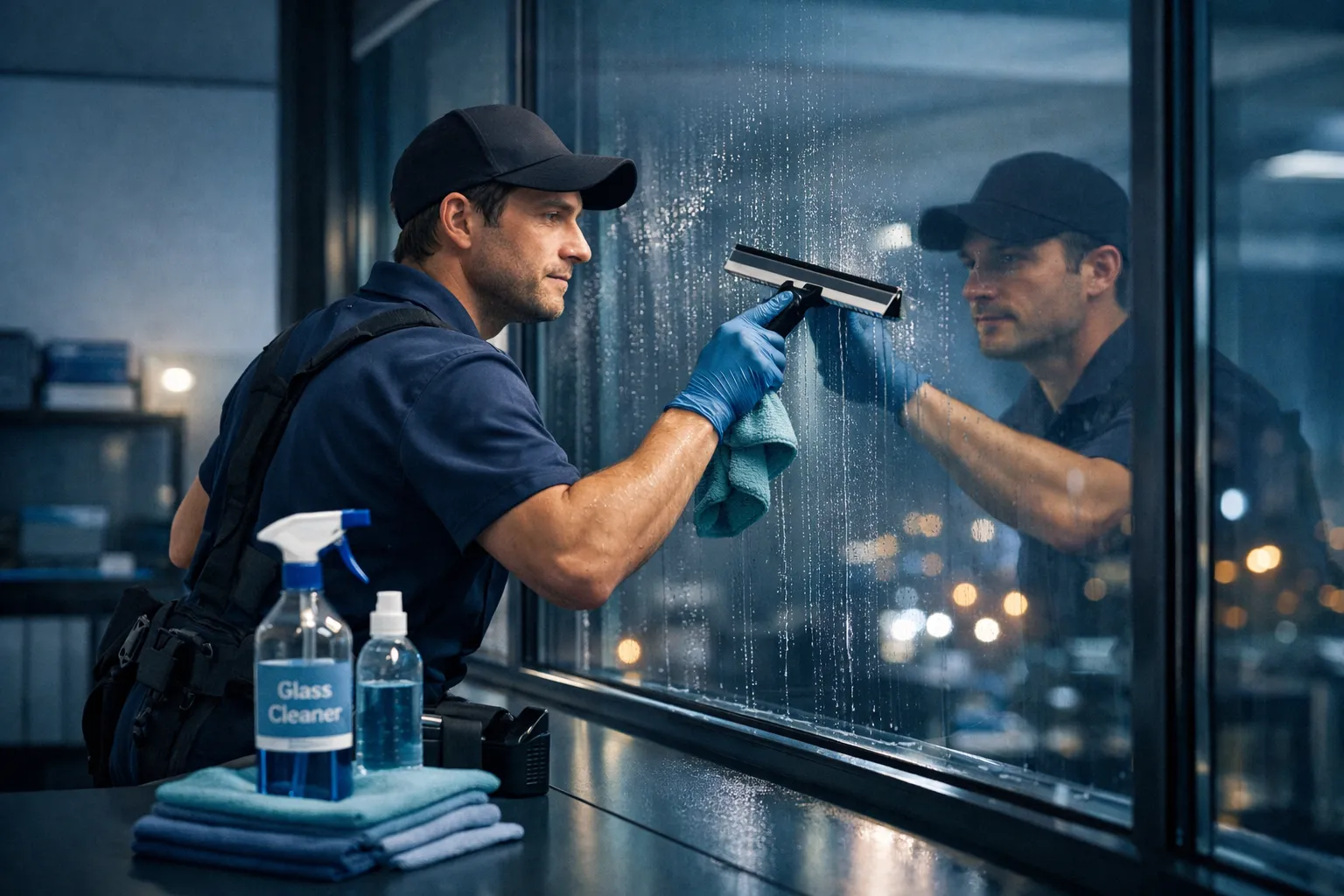 Ein Mann reinigt eine Fensterscheibe in einem Gebäude, trägt blaue Handschuhe, steht vor einer Betriebsstation mit Reinigungsmitteln.