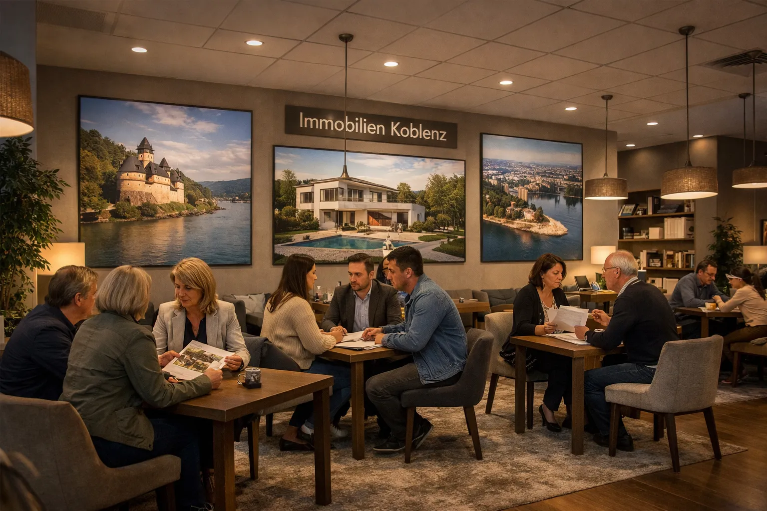 Mehrere Menschen sitzen in einem Café und sprechen. Hinter ihnen hängen große Bilder von Immobilien mit dem Schild "Immobilien Koblenz".