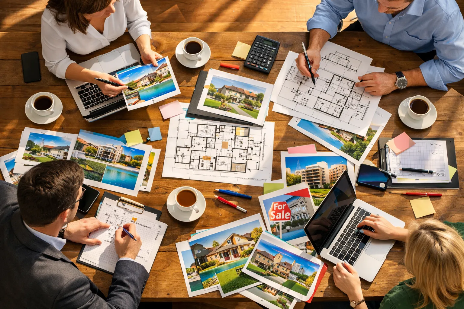 Vier Menschen planen Hausprojekte am Tisch mit Bauplänen, Fotos, Laptops, Kaffee, Stiften und Notizen. Es ist eine Besprechung über Immobilien.