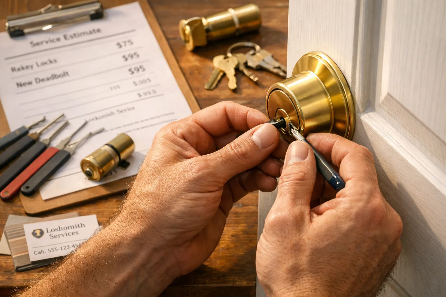 Ein Handwerker wechselt einen Türschlüssel. Er benutzt einen Schraubenzieher, auf dem Tisch liegen Werkzeuge, Schlüssel, ein Service-Plan und Visitenkarte.