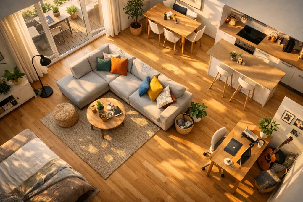 Offene Wohnung mit Wohnzimmer, Küche, Esstisch, Couch, Laptop, Gitarre, Pflanzen, Sonnenlicht, Balkon und gemütlichen Dekorationen.