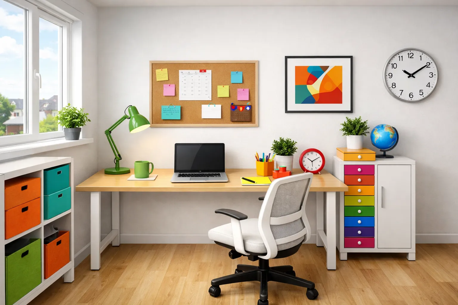 Ein quietschbuntes Büro mit Schreibtisch, Laptop, Pflanzen, Uhren, Farbkästen und einem Fenster, das Licht und Aussicht bietet.