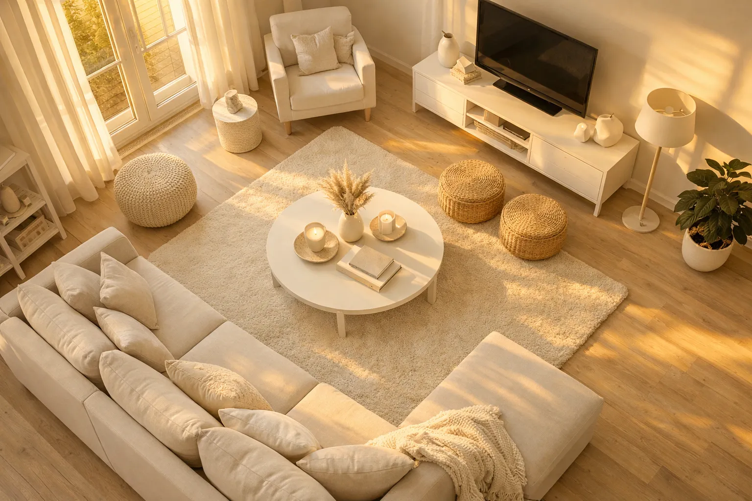 Helles Wohnzimmer mit Sofa, Sessel, Fernseher, Couchtisch, Kerzen, Teppich, Kissen, Stehlampe, Pflanzen, viel Sonnenlicht durch Fenster.