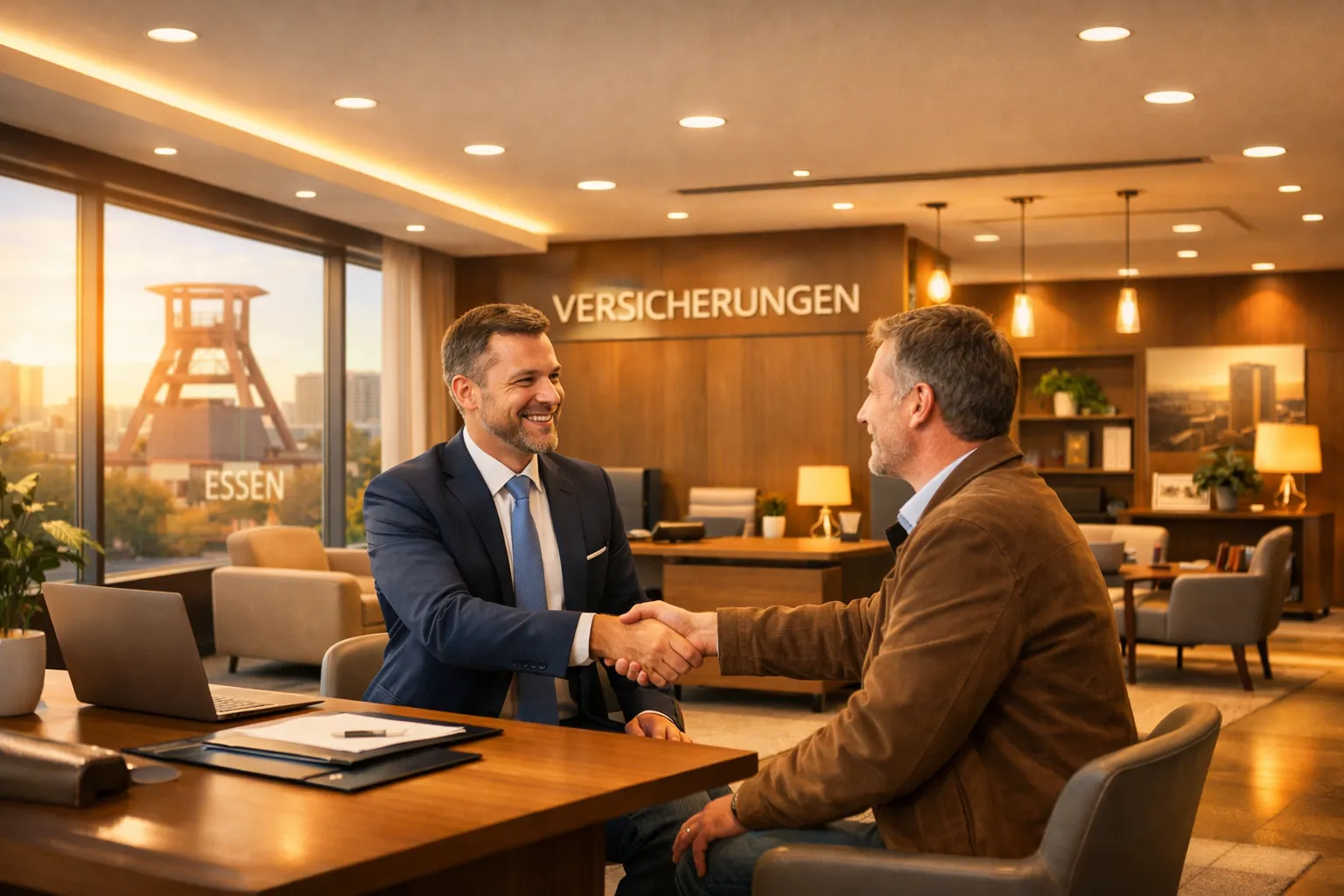 Zwei Männer begrüßen sich lächelnd im Büro. Im Hintergrund stehen Wörter "Versicherungen" und "Essen" auf der Wand. Viel Licht, Fenster und Arbeitstisch.