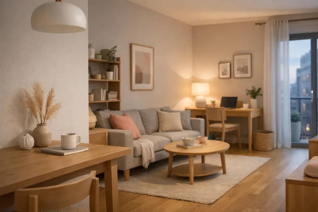 Ein gemütliches Wohnzimmer mit Sofa, Couchtisch, Regal, Schreibtisch, Stühlen, Lampen, Pflanzen und Winterabend-Atmosphäre.