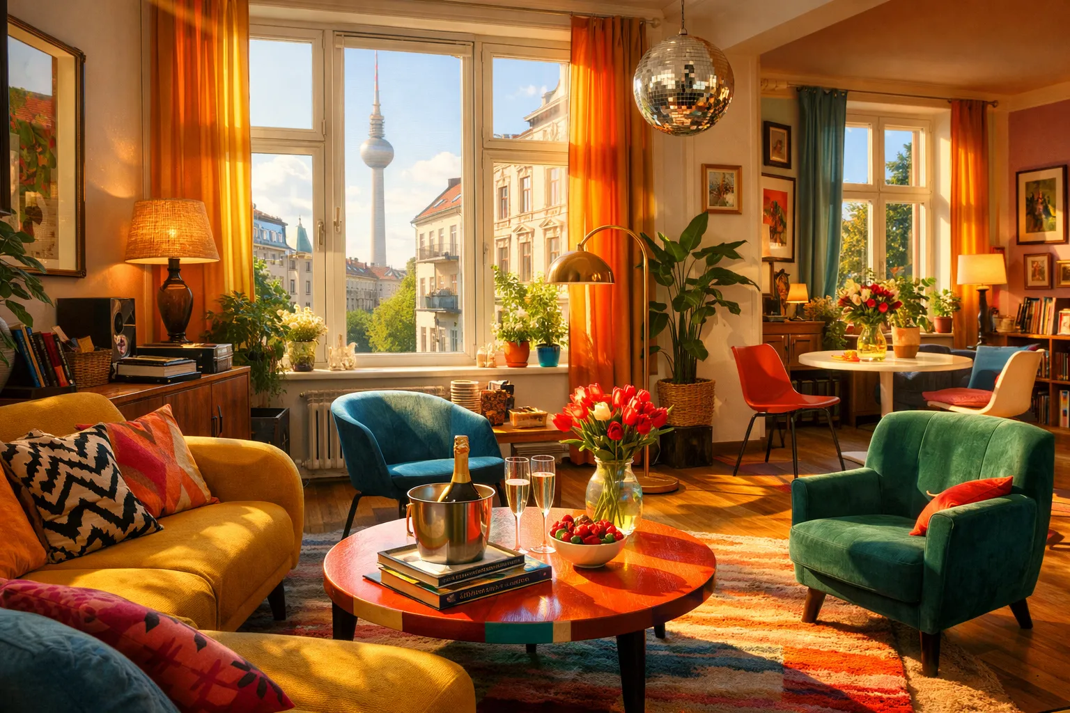 Bunte Wohnzimmer mit Sessel, Sofas, Blumen, Bücher, Musikboxen, und Blick auf den Fernsehturm Berlin durch große Fenster.