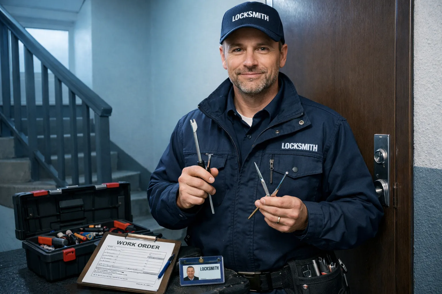 Ein männlicher Locksmith steht an einer Tür, hält Werkzeuge und trägt eine Jacke und Mütze mit „LOCKSMITH“. Auf dem Tisch liegt eine Arbeitsanweisung.