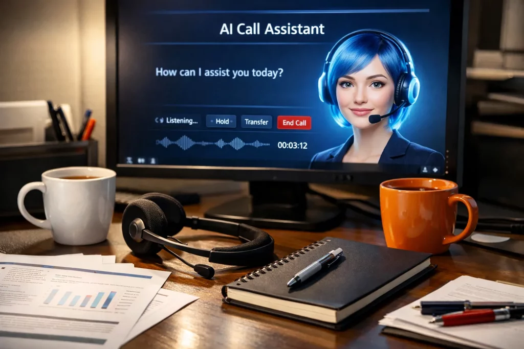 Eine Arbeitsplatte mit Kaffee, Notizbuch, Papieren und Kopfhörer. Auf dem Bildschirm ist eine freundliche Frau im Call, benutzt einen Headset.